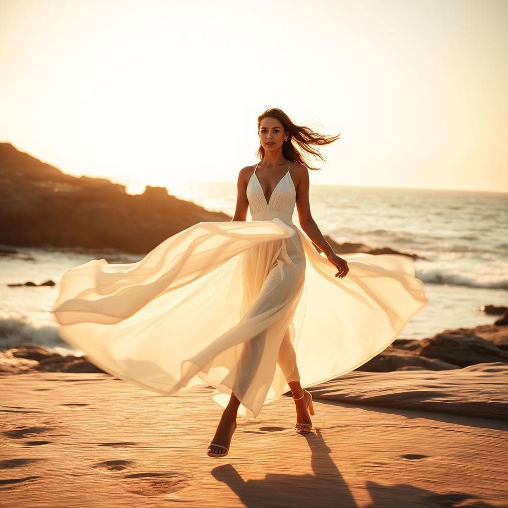 Fashion model in motion on coastal location